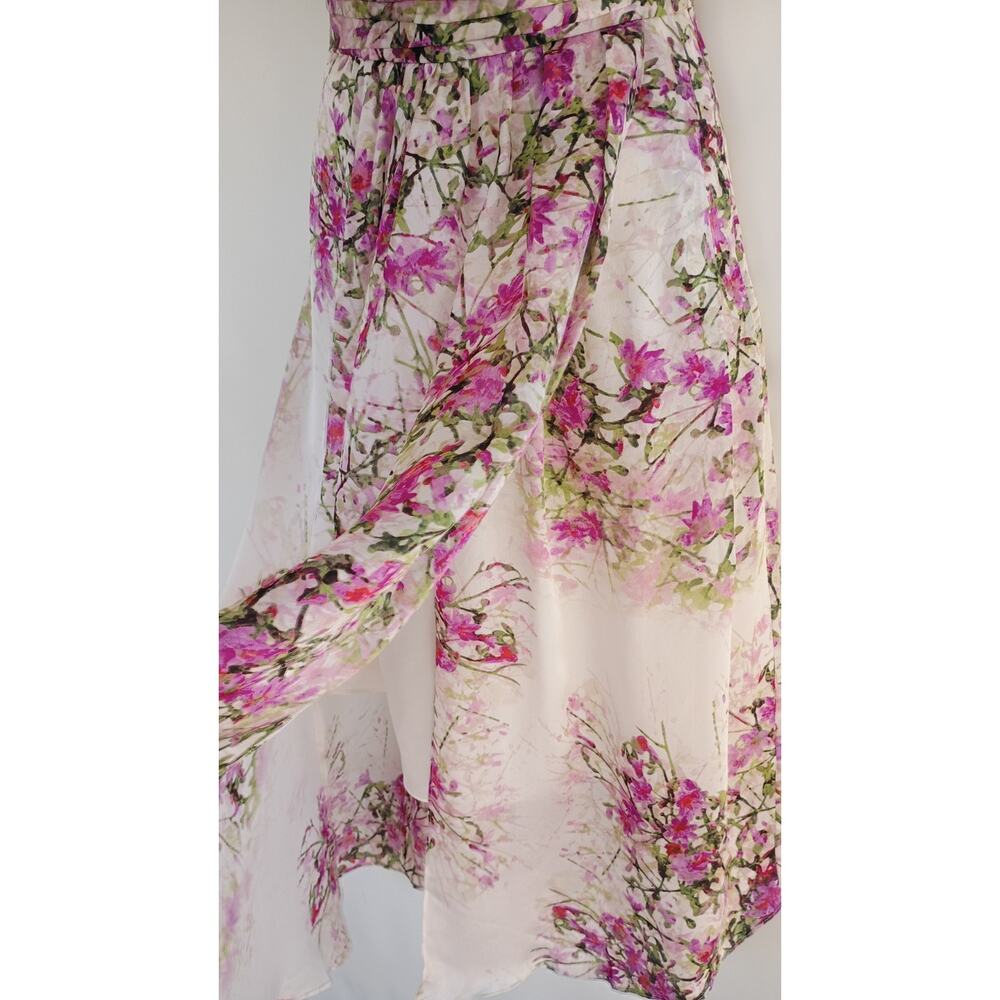 Vintage Bebe Y2K 100% Silk Watercolor Floral Halter Dress Pink White High Low XS - Picture 9 of 13